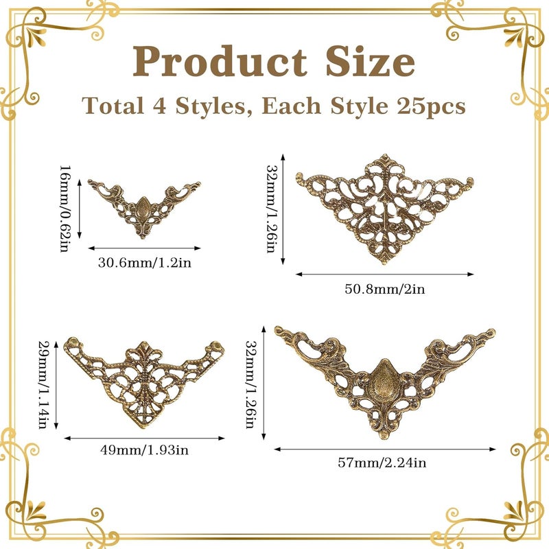 Telooco 100Pcs Metal Book Corners 4 Styles Vintage Book Corner Protectors Hollow Triangle Book Corners Decorative Book Edge Protector Filigree Metal Embellishments for DIY Notebook Scrapbook Desk Jewelry Case - Image 2